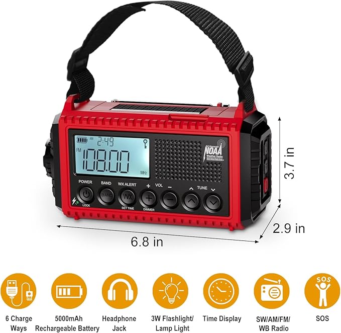 Raynic Emergency Radio 5000mAh/18500mWh Weather Radio Solar Hand Crank Emergency Radio with AM/FM/SW/NOAA Cell Phone Charger Headphone Jack Flashlight Type-C Charging and SOS Siren for Hurricane