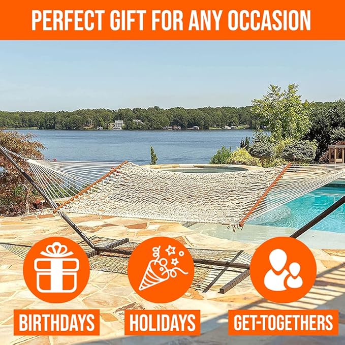 Castaway Living 13 ft. Double Traditional Hand Woven Oatmeal Polyester Rope Hammock – 2-Person 450 lb Capacity Free Extension Chains &amp Tree Hooks Designed in The USA