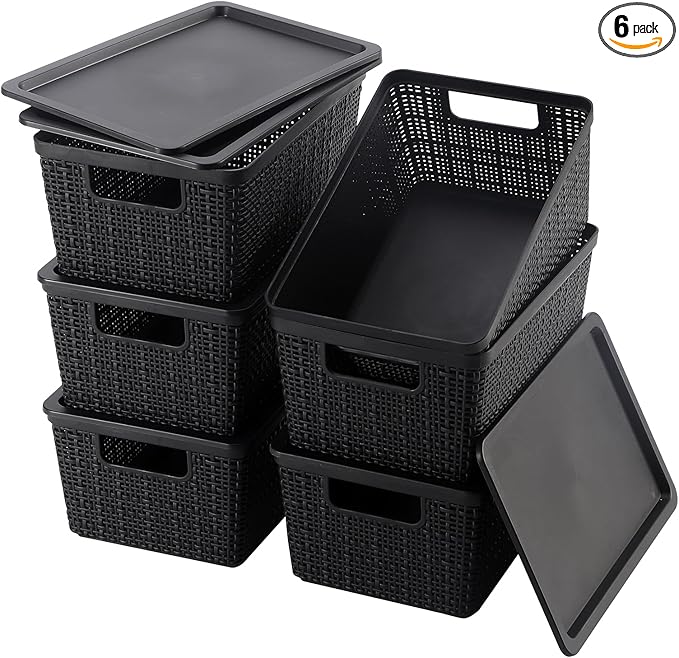 6 Pack Plastic Storage Baskets With LidsBlack Breathable Stackable Storage BinsSmall Storage Containersfor Organizing Storage Baskets on DesktopsClosetsPlayroomsClassroomsOffices