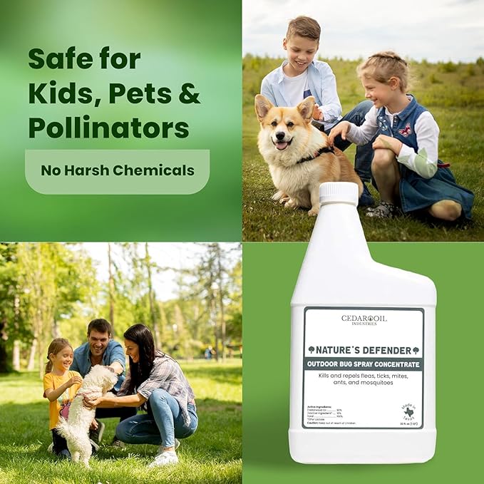 Nature's Defender Outdoor Pest Control Spray – All-Natural Cedarwood Oil Formula for Mosquitoes Ticks Fleas and Ants – Safe for Pets Kids and Plants – 32 oz Concentrate Treats 40000 sq. ft