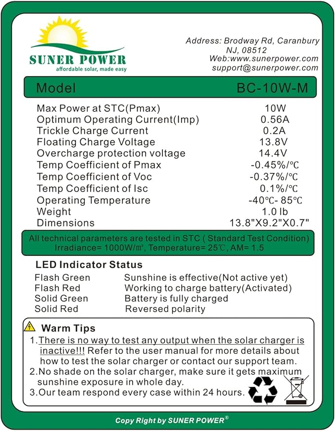 SUNER POWER 10W 12V Solar Battery Charger Maintainer Built-in Smart MPPT Charge Controller Adjustable Mount Bracket Waterproof 10 Watt Solar Panel Kits for Car Automotive Boat Marine RV Trailer