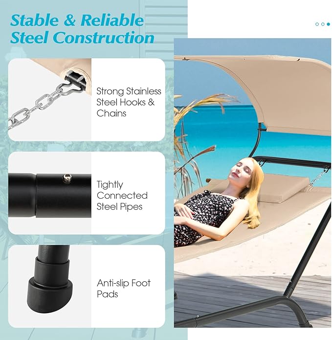Giantex Hanging Hammock with Stand Patio Hanging Chaise Lounge Chair w/Canopy Cushion Pillow &amp Storage Bag Heavy Duty Swing Hammock Bed for Garden Lawn Backyard Patio Poolside Porch (Beige)