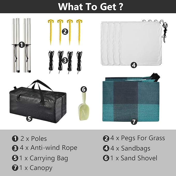 Darkcyan Buffalo Plaid Check Tartan Scotland Beach Tent UPF50+ Protection Lightweight Portable Sun Shelter with Sand Shovel for Camping Picnics Backyard