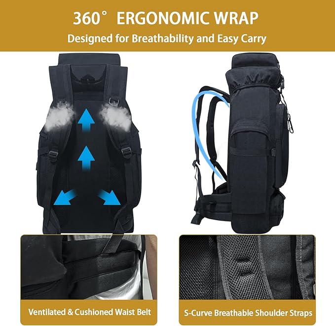 80L Camping Hiking Backpack Large Military Tactical Backpack with USB Charging Port Waterproof Travel Daypack With Carabiner Outdoor MOLLE Rucksack for Men Women (Black)