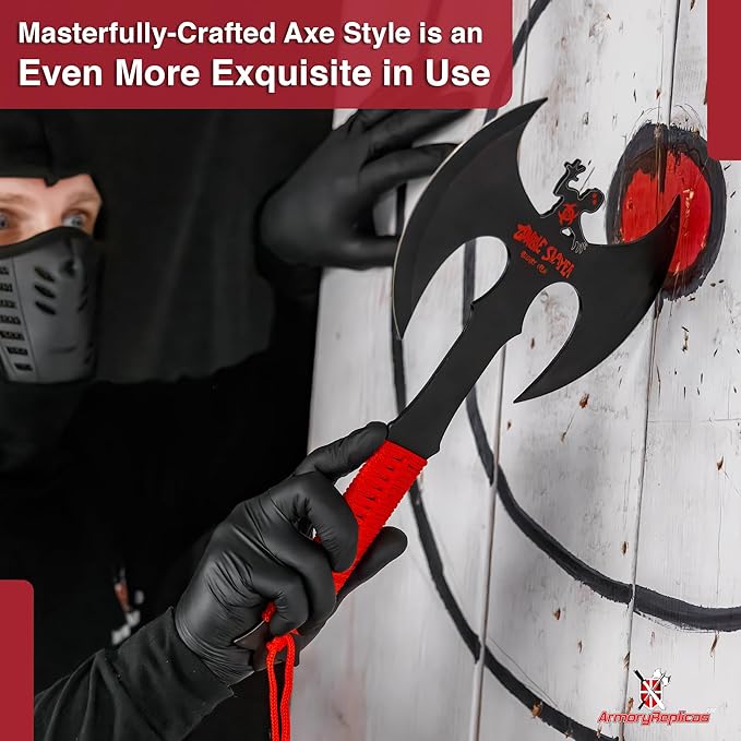 Armory Replicas™ Double Headed Skulking Throwing Axe – Full Tang Black Anodized Stainless Steel Axe with Red Nylon Wrap &amp Sheath