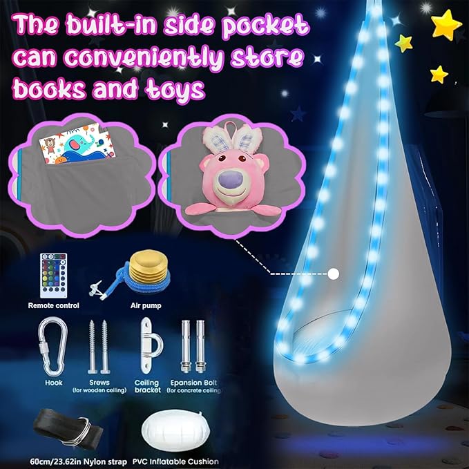 Light Up Swing Chair Hammock Chair Indoor Outdoor for Kids Pod with LED Lights Soft and Safe 176 lb. Load Capacity Easy Installation Perfect for Bedroom Garden and Playroom (Gray)