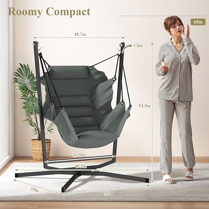 360° Swivel Hammock Swing Chair with Stand - Comfortable Hanging Chair with Cushions (400 lbs Capacity) for Indoor/Outdoor Use - Perfect for Bedroom Patio Porch Deck Garden Balcony