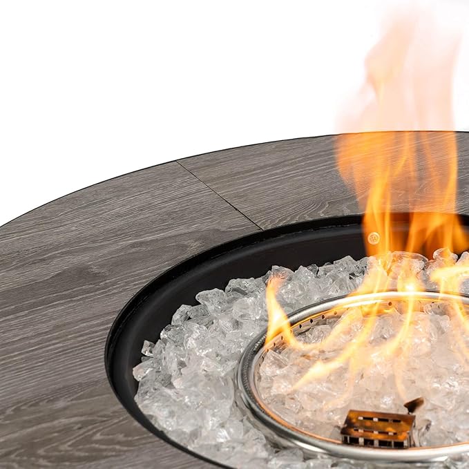 30'' Concrete Round Gas Fire Pit 50000 BTU Steel Outdoor Fire Tables Fire Table with Lid Add Warmth &amp Ambience to Gatherings and Parties On Patio Deck Garden BackyardWhite Glass Stone.