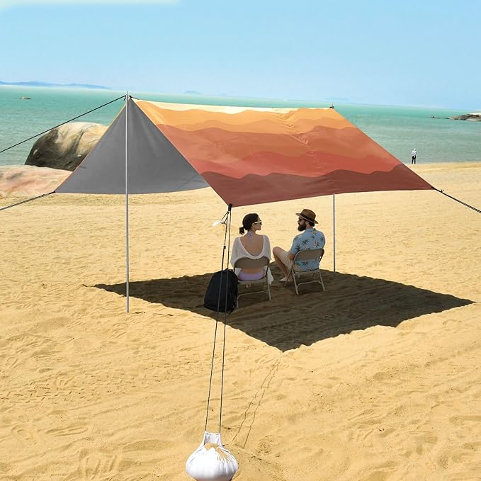 xigua Sunset Beach Tent Sun Shelter with Carrying Bag - Silver Coated Oxford Fabric Beach Canopy for Beach Camping Fishing - Includes Windproof Ropes Sandbags &amp Stakes