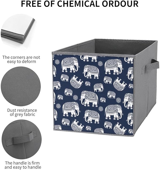 Foldable Cube Storage Organizer with Handles Navy Elephant Durable Collapsible Fabric Bin for Travel &amp Camping Portable Organizer for Gear &amp Supplies