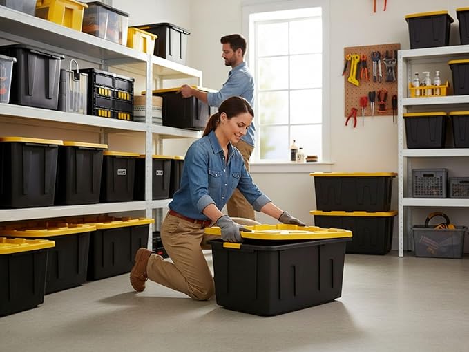 Heavy-Duty Storage Tote with Lid Black and Yellow 27 Gallon 30.6 W x 20.6 D x 14.3 H (4 PACK)