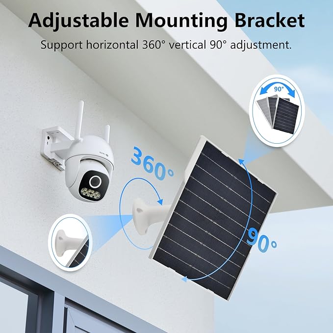 9W Solar Panel for Security Cameras IP65 Waterproof with 360° Bracket &amp 9.8FT Cable 5V Solar Power for Rechargeable Battery Cameras (USB-C/Micro USB)