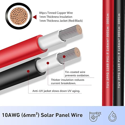 Solar Extension Cable 30 Ft 10AWG (6mm²) Solar Power Cable Wire Male Female Connectors Gauge 30' 30A Wire for Roof PV Wire Solar Panel Cables 10 Gauge Wire