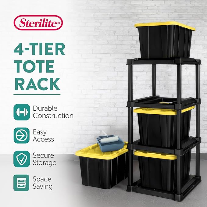 Sterilite 4 Tier Tote Rack Vertical Plastic Organizer with 4 Pack 27 Gallon Industrial Storage Totes Black - for Garages Workshops or Basements
