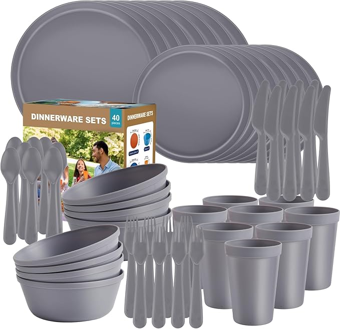 40 Piece Plastic Dinnerware Set for 8 with Cutlery Unbreakable Plates and Bowls Set Dishwasher &amp Microwave Safe Reusable Dish Set for Camping RV Outdoor Kitchen Apartment Dining Gray