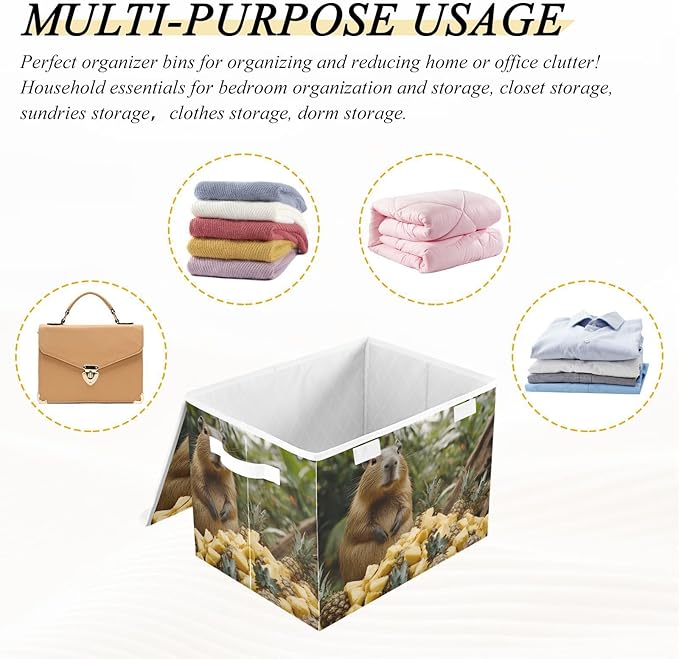AIXIWAWA Lidded Storage Cube (Capybara Pineapple) Fabric Foldable Closet Bins with Flip Lid and Handles Organizer Basket Container 16.5 x 12.6 x 11.8 IN