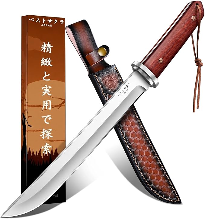 Tanto Fixed Blade Knife - Japanese Outdoor Survival Knives with Leather Sheath 5mm Thick Full Tang Bushcraft Knife for Camping Hiking Premium Gifts for Men