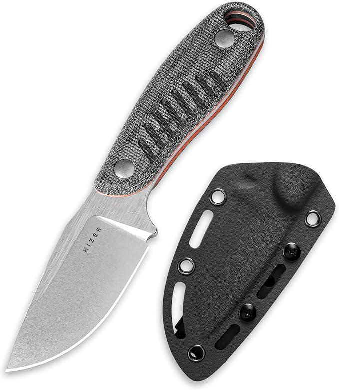 Kizer Hare Fixed Blade Knife with Sheath 3.14 Nitro V Blade EDC Hunting Knife with Black Micarta and Orange G10 Handle Small Bushcraft Neck Knives Camping Knives for Men Women 1077A2