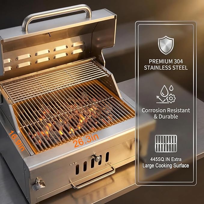 28In Built in BBQ Grills Large Outside Charcoal Grill with BBQ Fork Kit Liftable Tray &amp Thermometer Silver Stainless Steel Barbecue Grill for Outdoor Kitchen Cooking Patio Camping Park
