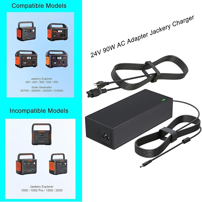 24V 90W AC Adapter Charger for Jackery Portable Power Station Explorer 160 240 300 500 550 and E300 E500 E550 Solar Generator 167Wh 240Wh 293Wh 518Wh Lithium Battery Charging Cord