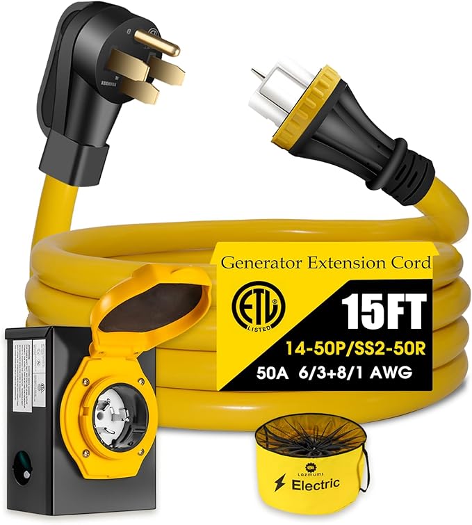 50 Amp Generator Cord with Pre-Drilled Power Inlet Box Real Heavy Duty STW 6/3+8/1 AWG125V/250V NEMA 14-50P to SS2-50R Generator Extension Cord with Extra Hose Storage BagETL Listed (15FT)