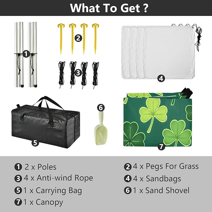 xigua St. Patrick's Day Beach Tent Sun Shelter with Carrying Bag - Silver Coated Oxford Fabric Beach Canopy for Beach Camping Fishing - Includes Windproof Ropes Sandbags &amp Stakes