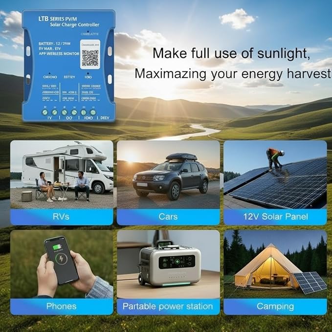 20A Bluetooth Solar Charger Controller 12V/24V Intelligent Regulator Solar Panel Battery Charging Statistics Pwm with USB Port 12V24V Lead-Acid/Lithium Battery