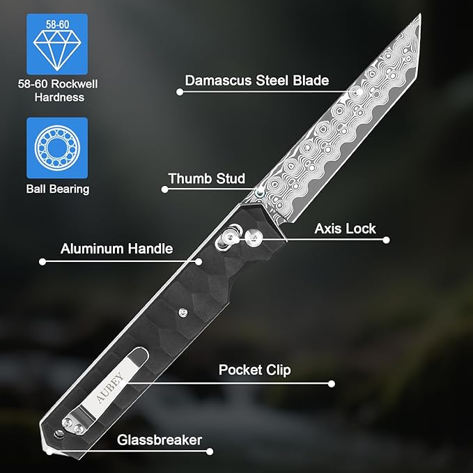 AUBEY Damascus Axis Lock Pocket Knife 3.54 Tanto Blade Crossbar Lock Folding Knives with Clip for Men Women Aluminum Handle with Glass Breaker for EDC Camping Gift