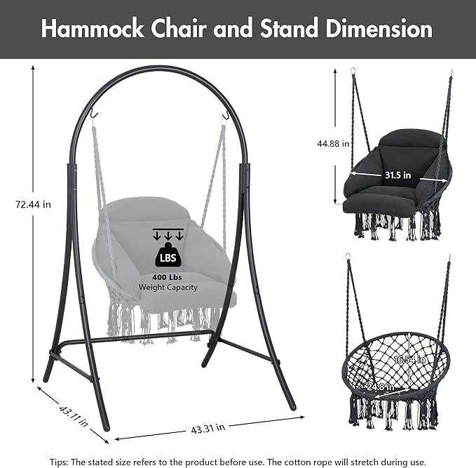 ANOW Hanging Swing Chair with Stand Included Heavy Duty Hammock Chair with Stand and Removable Padded Cushion Max 400 Lbs Dark Grey