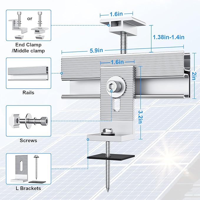 Solar Panel Mounting Bracket Kit 10Pcs Solar Panel Mount for 1-4pcs Thickness 1.4” Solar Panels with 10x 6 mini Rails 4X Water Drain Clips for ShingleSlateMetal and Tin roof