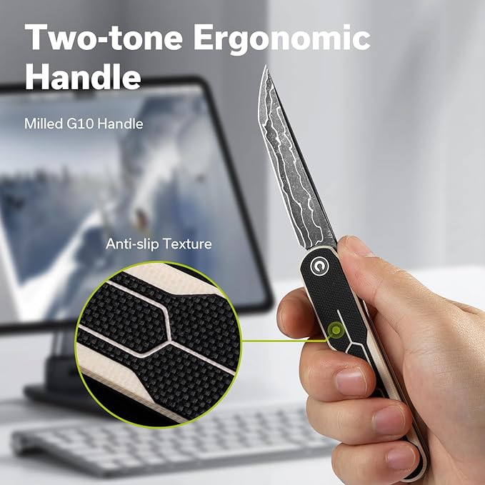 CIVIVI KwaiQ Pocket Knife Folding Knife with Inline Flipper for EDC 2.97 Damascus Tanto Blade Two-tone G10 Handle for Women Men C23015-DS1