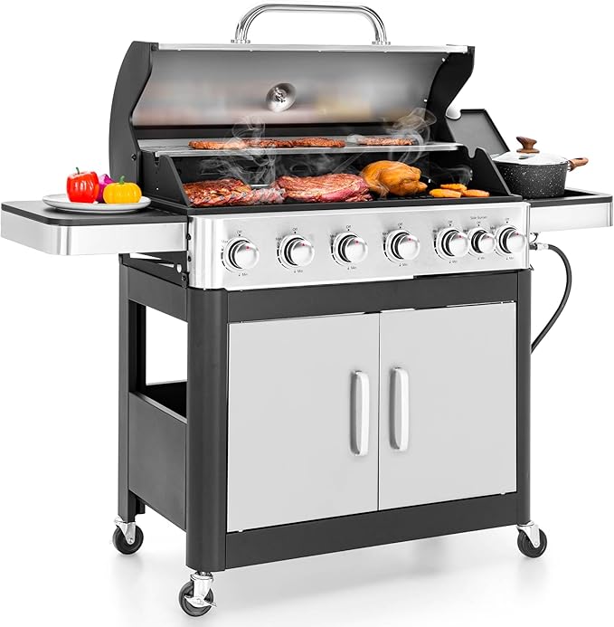 MFSTUDIO 6-Burner Propane Gas Grill Stainless Steel BBQ Grill with Side Burner and Porcelain-Enameled Cast Iron Grates High Output Gas BBQ Grills for Barbeque and Outdoor Cooking