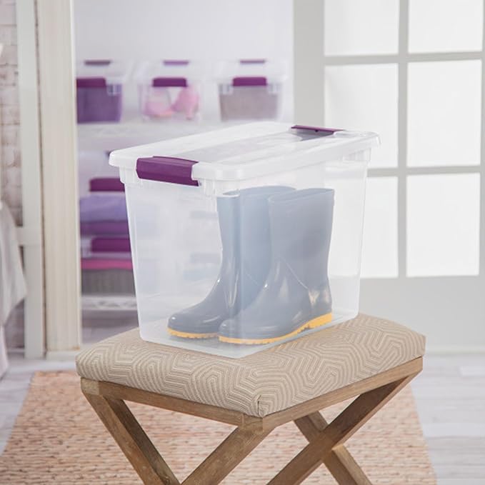 Sterilite 27 Qt ClearView Latch Storage Box Stackable Bin with Latching Lid Plastic Container to Organize Clothes in Closet Clear Base Lid 12-Pack