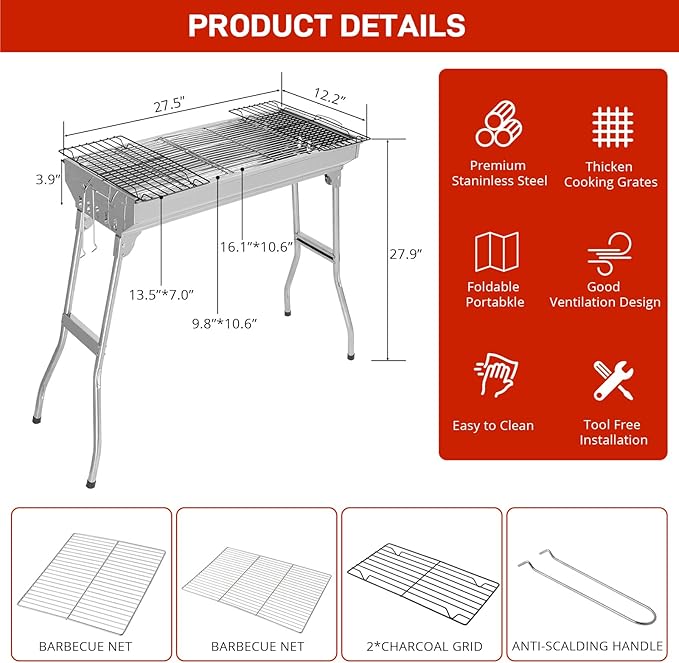 Outvita Portable Charcoal Grill 28x 13 x 27 Foldable Barbecue Grill Stainless Steel BBQ Grill for Outdoor Cooking Camping Hiking Picnic Garden Beach Party