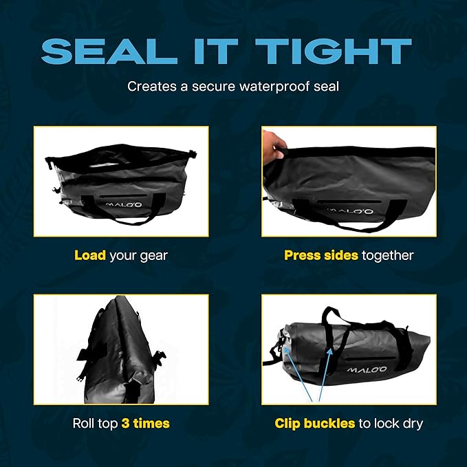 Malo’o Waterproof Dry Duffel Heavy-Duty Roll Top Waterproof Gear Bag with Shoulder Strap &amp Molle Loops Marine Duffel for Kayaking Boating Camping Beach &amp Travel Black 40L