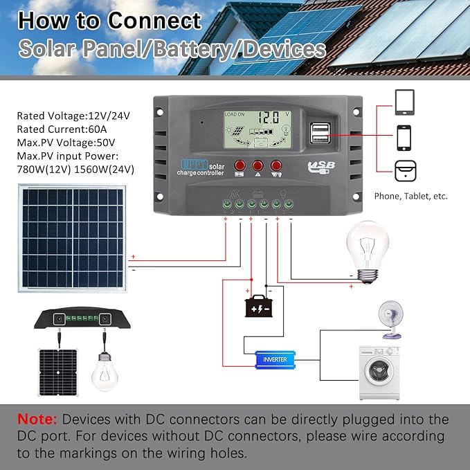 60A MPPT Solar Charge Controller 12V/24V Auto Tracking Solar Panel Regulator with Dual USB Port LCD Display and 3 Timer Settings Suitable for Lead-Acid/Lithium-Ion/Lithium Iron Phosphate Battery Grey