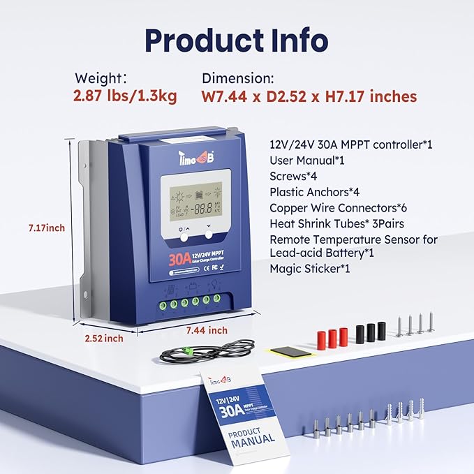 Timeusb 30 Amp MPPT 12V/24V/Auto DC Input Solar Charge Controller 99% MPPT Tracking Efficiency and Fast Charging 50V MPPT Controller with LCD Screen for Solar Panel Systems