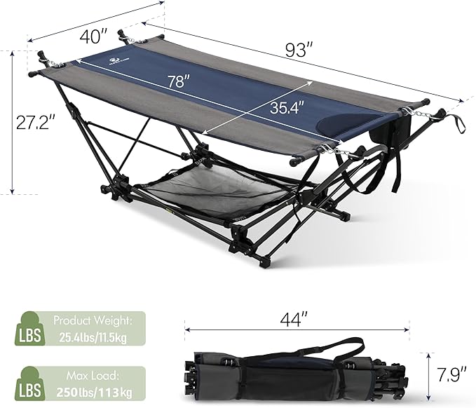 ALPHA CAMP Portable Hammock Bed with Stand Foldable Lounge Camping Bed for Patio Backyard Garden Poolside Beach Lawn Porch Include Pillow Storage Net Side Pocket with Cup Holder