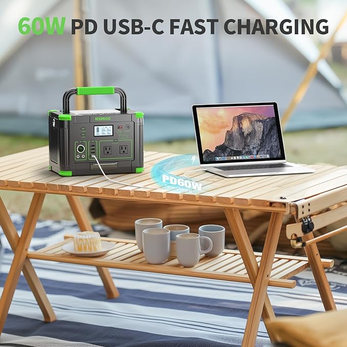 Portable Power Station 500W 519Wh Solar Generator 110V Pure Sine Wave AC Outlets 60W USB-C PD 10 Ports for Outdoor Camping RV Van Home Backup Emergency Off-Grid Living(1000W Peak) Dark Green