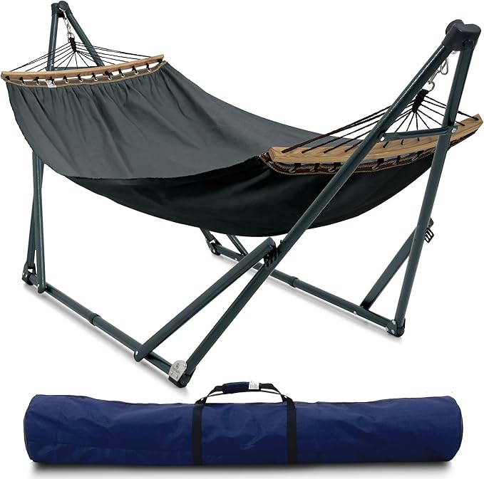 Tranquillo Universal Hammock with Stands Electro Static Coated Steel Adjustable Foldable Hammock Stand with 2 Layered Polyester Net and Carry Bag for 2 Persons (Canvas - Grey)