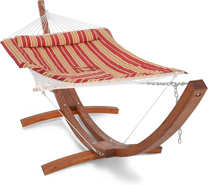 SUNCREAT Rope Hammocks for Outside with Polyester Pad and Stand Extra Large Double Hammock with Wooden Stand Red Strips