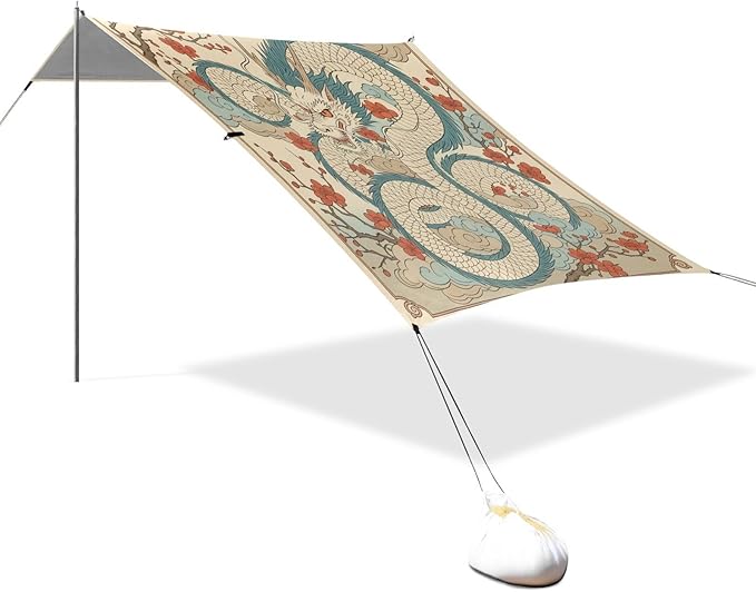 xigua Dragon Beach Tent Sun Shelter with Carrying Bag - Silver Coated Oxford Fabric Beach Canopy for Beach Camping Fishing - Includes Windproof Ropes Sandbags &amp Stakes