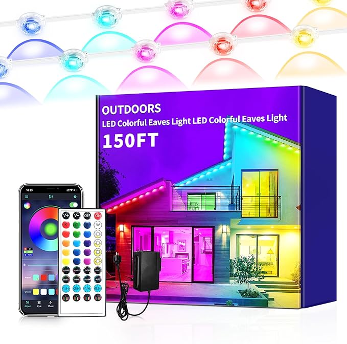 Yocrostar 150ft Permanent Outdoor LightRGB Eaves LightsDIY Scene Modes IP68 Waterproof Outdoor Under Eave Lightingled Lights for DecorGarden DecorHouseParty