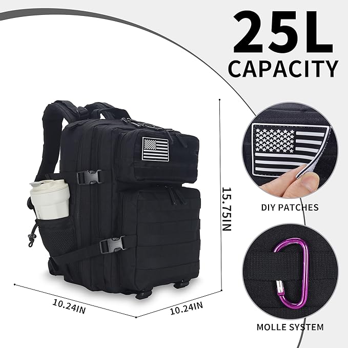 25L/45L Tactical Backpack Military Tactical Backpack Heavy Duty Molle Assault Pack for Work Gym Outdoors (1.0 25L-Black Small)