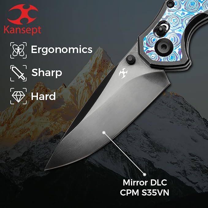 KANSEPT Apollo Pocket Knive 3.11Mirror DLC CPM S35VN Blade Blackwash Titanium inlaid Timascus Handle with ThumbStudCross Bar Lock Folding for Men WomenSharp Camping Survival Hiking Knives K2107V5