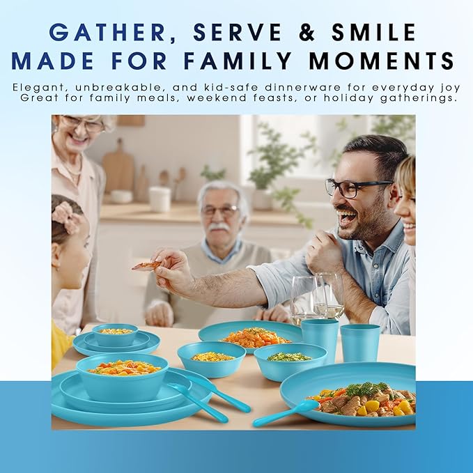 40 Piece Plastic Dinnerware Set for 8 with Cutlery Unbreakable Plates and Bowls Set Dishwasher &amp Microwave Safe Reusable Dish Set for Camping RV Outdoor Kitchen Apartment Dining Teal