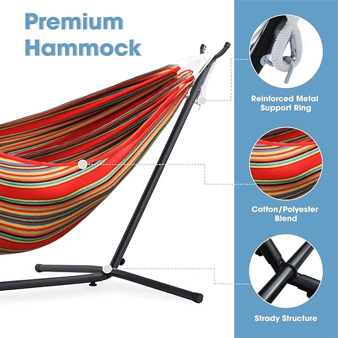 550lbs Capacity Double Hammock Adjustable Hammock Bed with 10ft Heavy Duty Steel Stand Includes Portable Carrying Case Easy Set up Red Pinstrip B