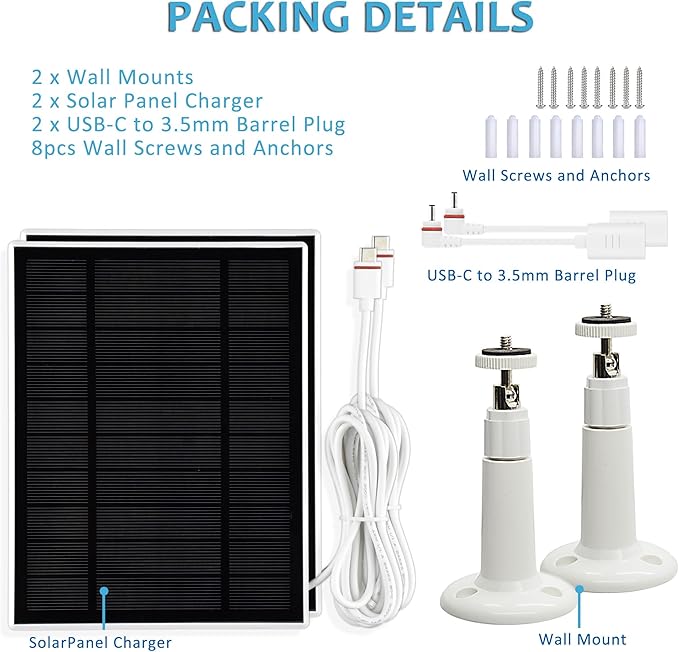 Solar Panel Charger Compatible with Ring Stick Up Cam/ProRing Spotlight Cam Plus/Prowith USB-C to Barrel Plug Adapter (2PACK)