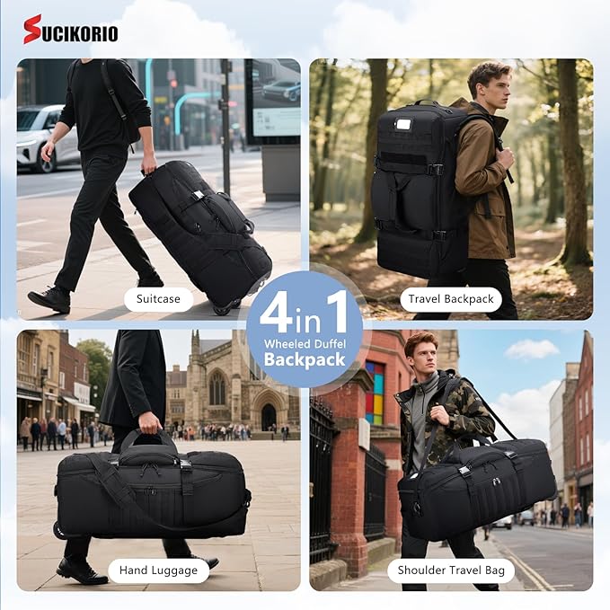 Tactical Travel Duffle Bag with Wheels and Handle 3 in 1 Large 85L XL Rolling Travelling Backpack Waterproof Oxford Carry On Hand Luggage Deployment Bags with Combination Padlock Grey