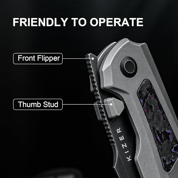 Kizer Feweed Pocket Knife 2.98 S35VN Clip Point Blade Folding Knife with Titanium &amp Fat Carbon Purple Haze Handle Front Flipper &amp Thumb Stud Opener EDC Knives for Camping Hiking KI3694A1